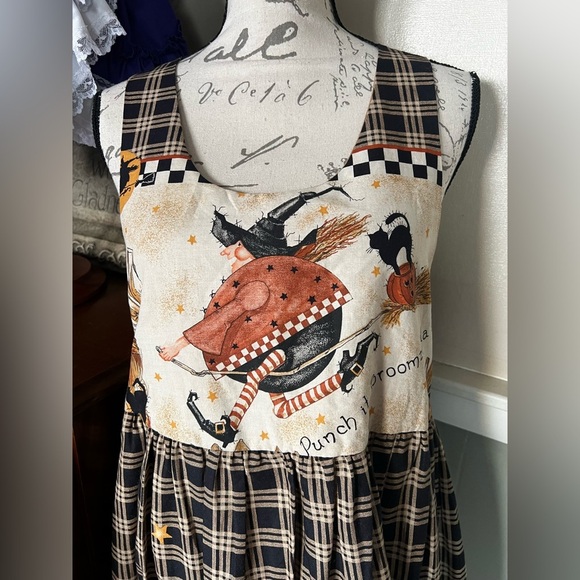 🧡 Rare Vintage Handmade Halloween Witch Black Cat Pumpkin Harvest Dress M - Picture 6 of 8